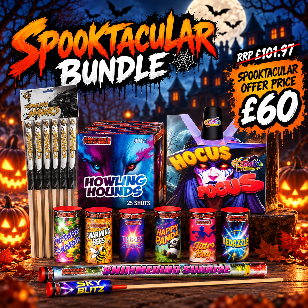 Spooktacular Halloween Fireworks Bundle – Halloween firework bundle with its fireworks laid out